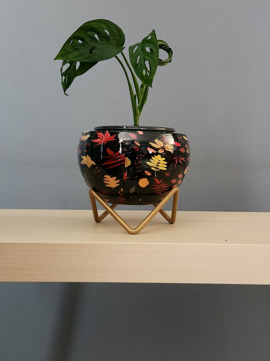 Indoor Planter Pots | Black Floral Pot with Gold Rustic Stand